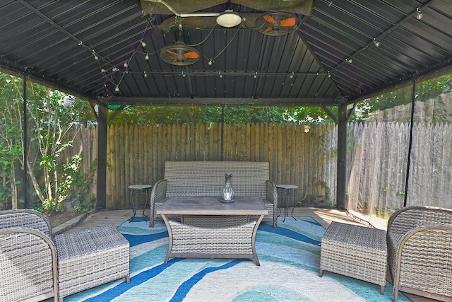 15 5th Ave, Kings Park, NY 11754 - view of patio / terrace featuring a gazebo, an outdoor living space, a wooden deck, and a ceiling fan