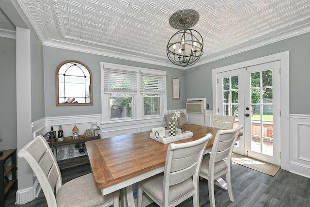 15 5th Ave, Kings Park, NY 11754 - dining area with an ornate ceiling, a chandelier, ornamental molding, french doors, and a wainscoted wall