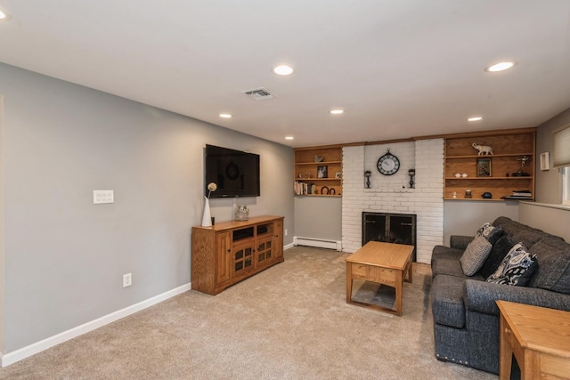 9 Phyllis Ct, Kings Park, NY 11754 - living room with a baseboard radiator, recessed lighting, light carpet, and a fireplace