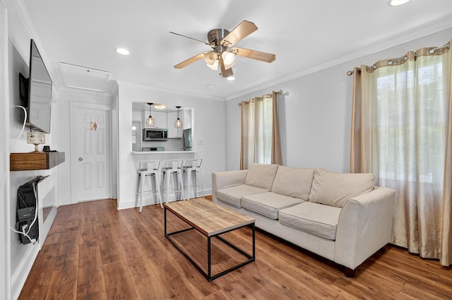 12 Lake Region Blvd, Monroe, NY 10950 - living room with a ceiling fan, wood finished floors, recessed lighting, attic access, and crown molding
