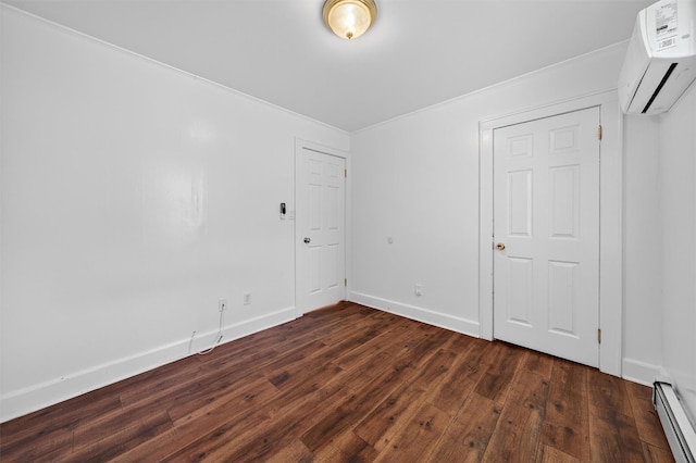 12 Lake Region Blvd, Monroe, NY 10950 - unfurnished bedroom with a wall mounted AC, a baseboard heating unit, dark wood-type flooring, and crown molding