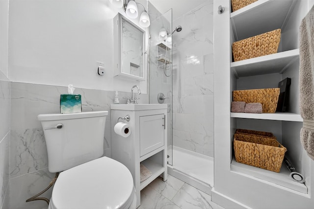12 Lake Region Blvd, Monroe, NY 10950 - bathroom with marble finish flooring, vanity, a tile shower, tile walls, and a wainscoted wall