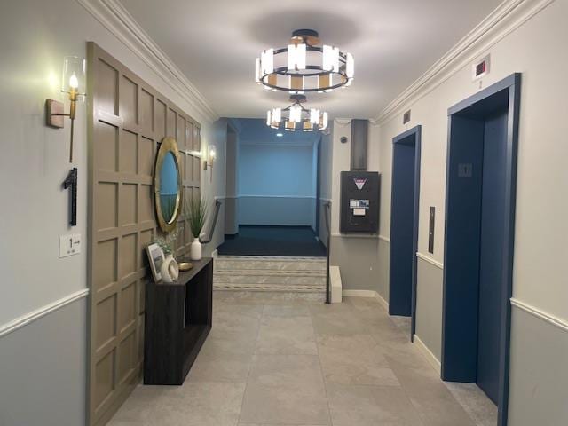 360 Central Ave Unit 218-219, Lawrence, NY 11559 - hall featuring elevator, crown molding, light tile patterned flooring, and a chandelier