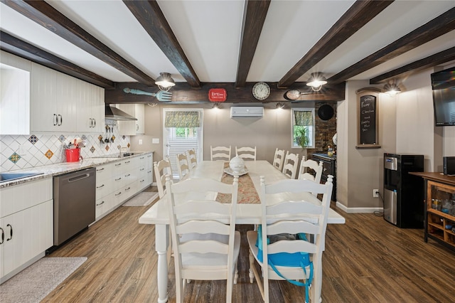 123 Pleasant Rd, Lake Peekskill, NY 10537 - dining space featuring dark wood-type flooring, a wall unit AC, and beam ceiling