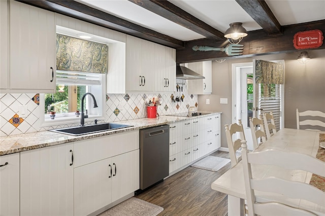 123 Pleasant Rd, Lake Peekskill, NY 10537 - kitchen with stainless steel dishwasher, wall chimney exhaust hood, dark wood-style floors, decorative backsplash, and beam ceiling