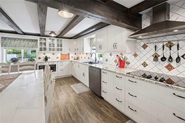 123 Pleasant Rd, Lake Peekskill, NY 10537 - kitchen with dishwasher, wall chimney exhaust hood, wall oven, backsplash, and beamed ceiling