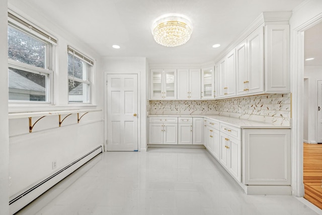 37 Keystone Pl, Hewlett, NY 11557 - kitchen with a baseboard heating unit, white cabinetry, glass insert cabinets, tasteful backsplash, and recessed lighting