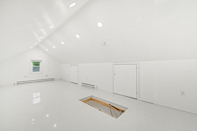 37 Keystone Pl, Hewlett, NY 11557 - additional living space with baseboard heating, a baseboard heating unit, vaulted ceiling, and recessed lighting