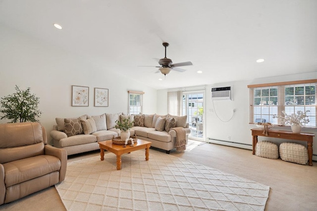 531 Myrtle Ave, West Islip, NY 11795 - living room with a baseboard heating unit, an AC wall unit, a ceiling fan, and recessed lighting