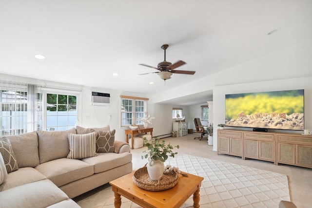 531 Myrtle Ave, West Islip, NY 11795 - living area featuring plenty of natural light, a baseboard heating unit, a ceiling fan, recessed lighting, and light carpet