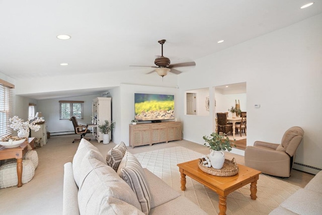 531 Myrtle Ave, West Islip, NY 11795 - living area with a ceiling fan, recessed lighting, baseboard heating, and light carpet