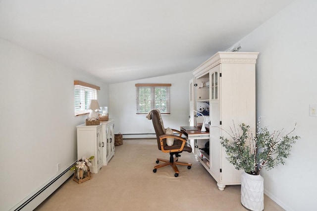 531 Myrtle Ave, West Islip, NY 11795 - home office featuring baseboard heating, vaulted ceiling, a baseboard radiator, and light carpet