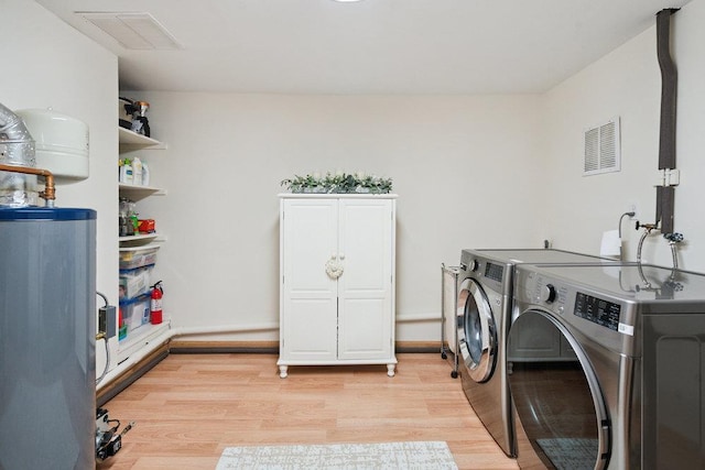 531 Myrtle Ave, West Islip, NY 11795 - washroom with water heater, washer and dryer, light wood-style floors, and cabinet space