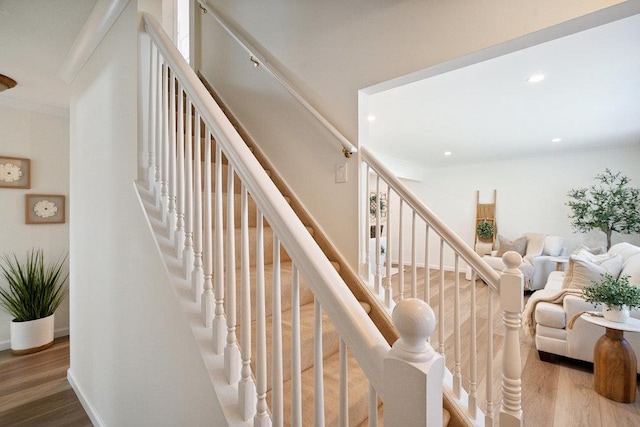 531 Myrtle Ave, West Islip, NY 11795 - stairs featuring wood finished floors, recessed lighting, and ornamental molding