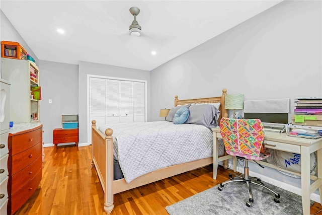 22424 Union Tpke Unit 3C, Oakland Gardens, NY 11364 - bedroom with light wood-style flooring, a closet, a ceiling fan, and recessed lighting