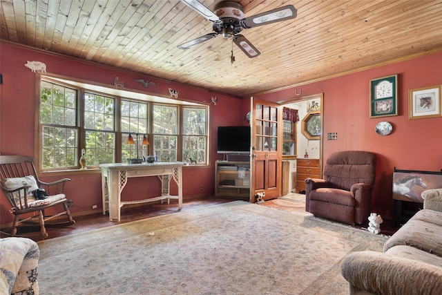 33 N Coleman Rd, Centereach, NY 11720 - living area featuring wooden ceiling, ornamental molding, and ceiling fan