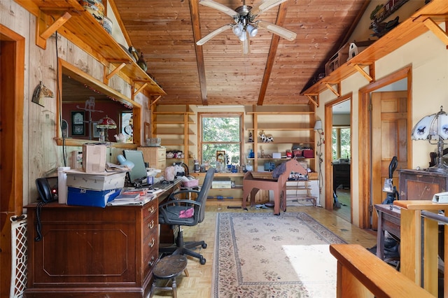 33 N Coleman Rd, Centereach, NY 11720 - home office with wooden ceiling and a ceiling fan