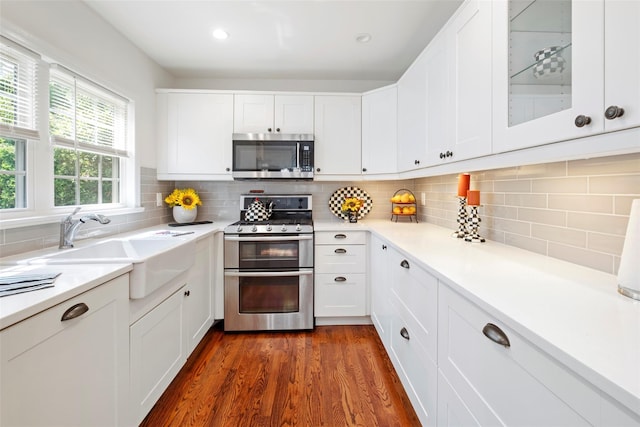 15 Le Britton St, Locust Valley, NY 11560 - kitchen featuring appliances with stainless steel finishes, light countertops, white cabinetry, and recessed lighting