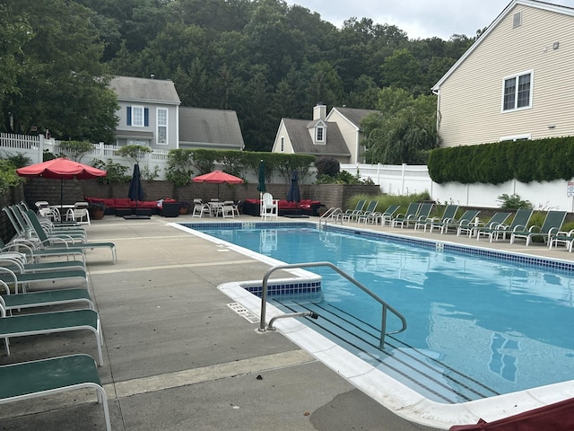 97 Reunion Rd, White Plains, NY 10603 - community pool with a patio and a wooded view