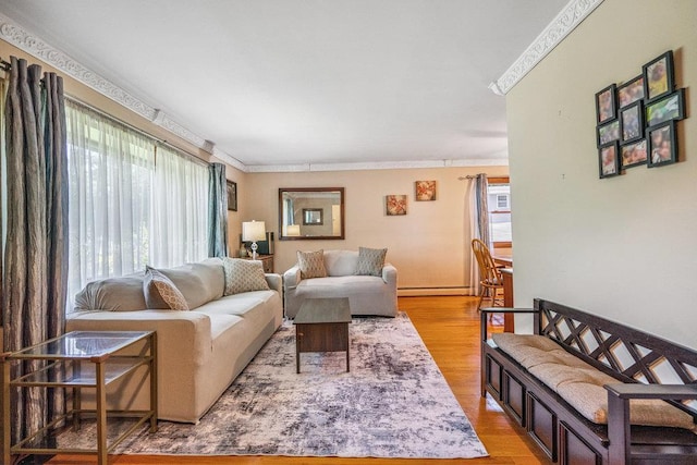 30 Lincoln Ave, Port Jefferson Station, NY 11776 - living room with wood finished floors, baseboard heating, and ornamental molding