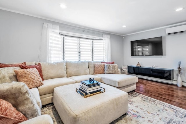 544 S 15th St, Lindenhurst, NY 11757 - living room with an AC wall unit, crown molding, wood finished floors, and recessed lighting