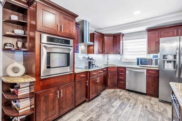 544 S 15th St, Lindenhurst, NY 11757 - kitchen with stainless steel appliances, open shelves, wall chimney exhaust hood, decorative backsplash, and recessed lighting