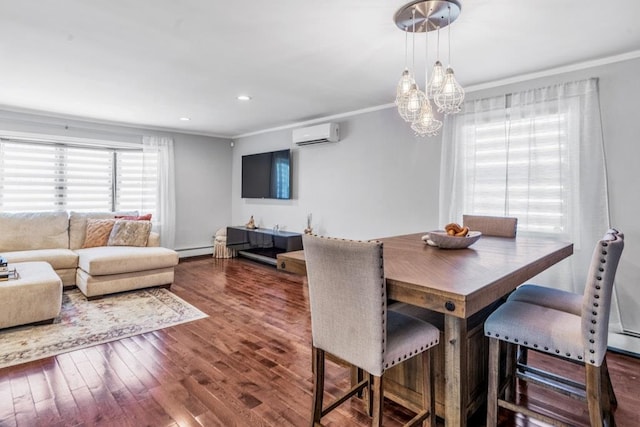 544 S 15th St, Lindenhurst, NY 11757 - dining area with a wall mounted air conditioner, wood finished floors, baseboard heating, crown molding, and a chandelier