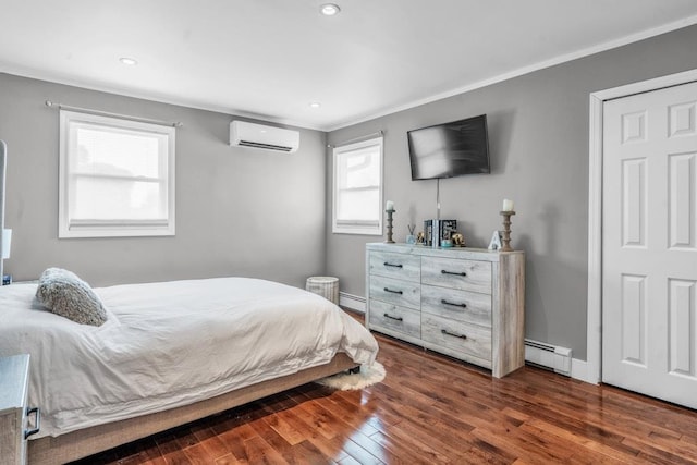 544 S 15th St, Lindenhurst, NY 11757 - bedroom with a wall mounted air conditioner, wood finished floors, a baseboard heating unit, crown molding, and recessed lighting