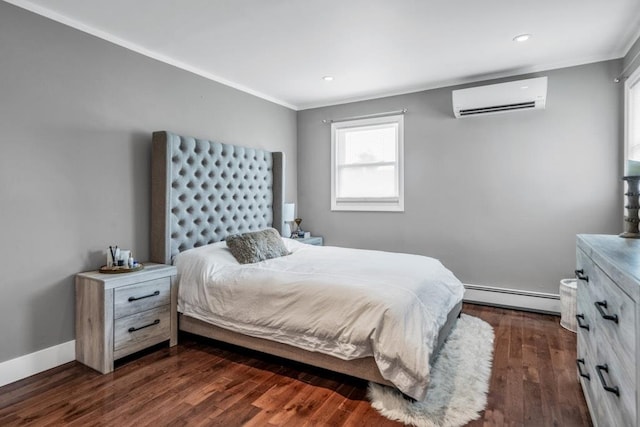544 S 15th St, Lindenhurst, NY 11757 - bedroom with a wall mounted air conditioner, a baseboard radiator, crown molding, dark wood finished floors, and recessed lighting