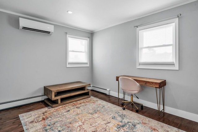 544 S 15th St, Lindenhurst, NY 11757 - office space with a wall mounted air conditioner, a baseboard radiator, crown molding, and wood finished floors