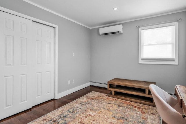 544 S 15th St, Lindenhurst, NY 11757 - living area with an AC wall unit, crown molding, a baseboard heating unit, wood finished floors, and recessed lighting