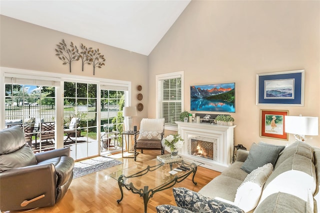 122 Maya Cir, Central Islip, NY 11722 - living area featuring high vaulted ceiling, wood finished floors, and a lit fireplace