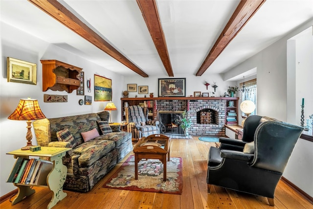 29 Cardinal Ln, Hauppauge, NY 11788 - living room featuring hardwood / wood-style floors, beam ceiling, and a fireplace