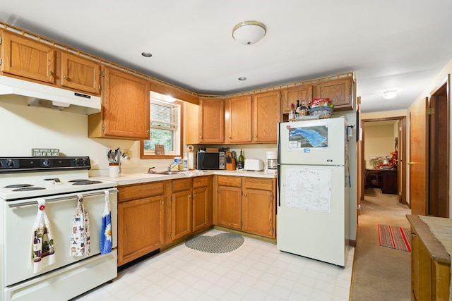 16 Canal Rd, Wurtsboro, NY 12790 - kitchen featuring white appliances, under cabinet range hood, light countertops, and brown cabinetry