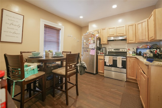 71 Dell Ave, Mount Vernon, NY 10553 - kitchen with stainless steel appliances, under cabinet range hood, light brown cabinetry, and recessed lighting