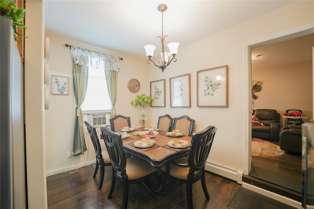 71 Dell Ave, Mount Vernon, NY 10553 - dining room with a baseboard radiator, a chandelier, dark wood-style flooring, and cooling unit