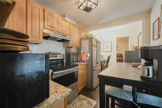 71 Dell Ave, Mount Vernon, NY 10553 - kitchen with under cabinet range hood, appliances with stainless steel finishes, light brown cabinets, tasteful backsplash, and dark wood-style floors