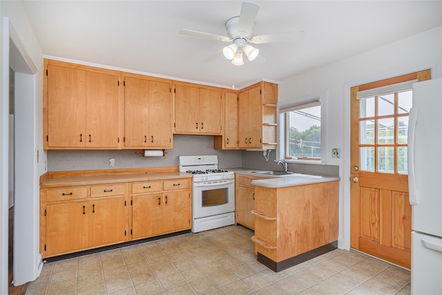 33 Grandview Ave, Pawling, NY 12564 - kitchen featuring white appliances, light countertops, a ceiling fan, open shelves, and light tile patterned floors