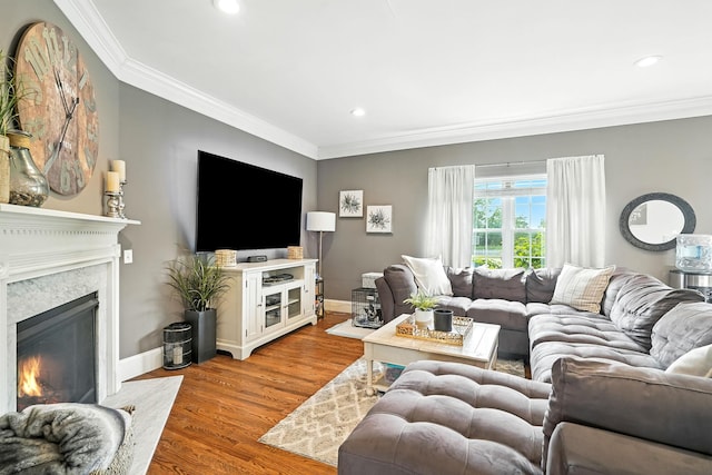 4 Brianna Ln, Yorktown Heights, NY 10598 - living room with ornamental molding, a high end fireplace, wood finished floors, and recessed lighting