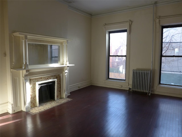 30 Edgecombe Ave, New York Manhattan, NY 10030 - unfurnished living room with radiator heating unit, dark wood finished floors, ornamental molding, a high end fireplace, and healthy amount of natural light