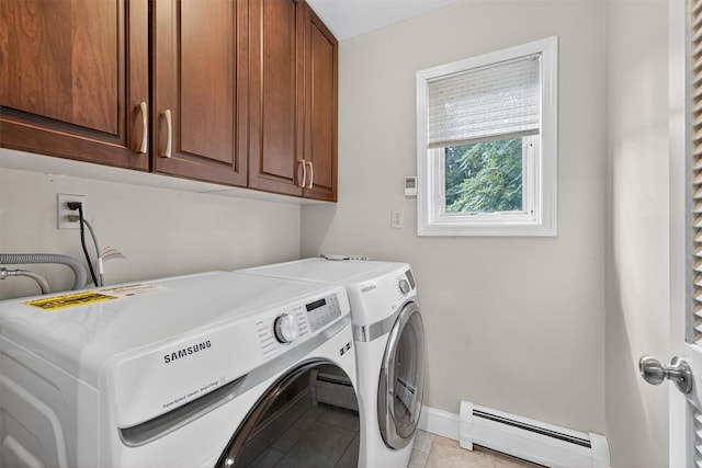 70 Walter Dr, Stony Point, NY 10980 - washroom featuring baseboard heating, cabinet space, washer and dryer, and light tile patterned floors