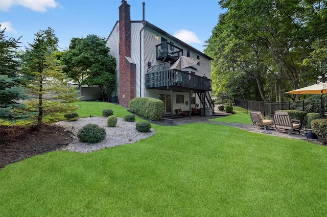 70 Walter Dr, Stony Point, NY 10980 - rear view of property with stairs, a chimney, a patio, a wooden deck, and a balcony
