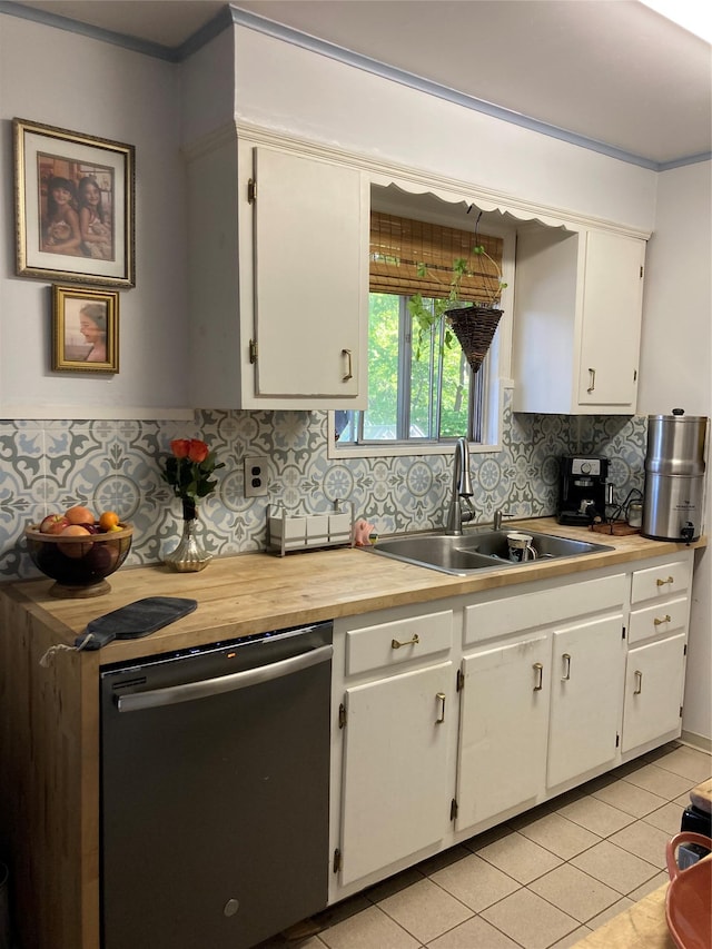 46 Violet Rd, Rocky Point, NY 11778 - kitchen with dishwasher, white cabinets, tasteful backsplash, and light tile patterned floors