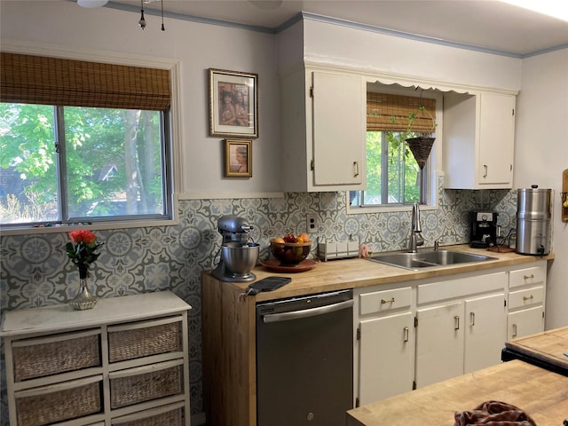 46 Violet Rd, Rocky Point, NY 11778 - kitchen with dishwasher, white cabinets, and tasteful backsplash