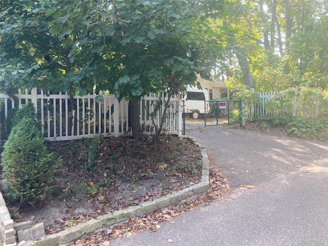 46 Violet Rd, Rocky Point, NY 11778 - view of home's exterior featuring a fenced front yard, a gate, and asphalt driveway