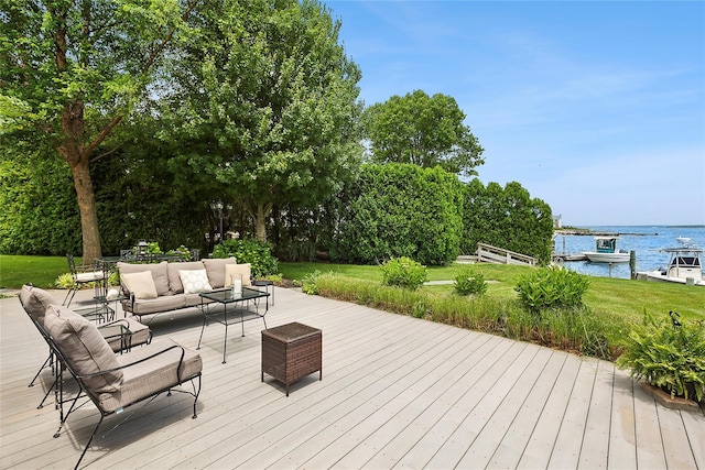 315 Old Salt Rd, Mattituck, NY 11952 - wooden terrace featuring a water view, an outdoor living space, and a lawn