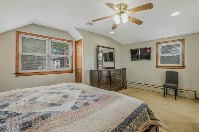502 S 11th St, New Hyde Park, NY 11040 - bedroom with lofted ceiling, light colored carpet, recessed lighting, ceiling fan, and baseboard heating