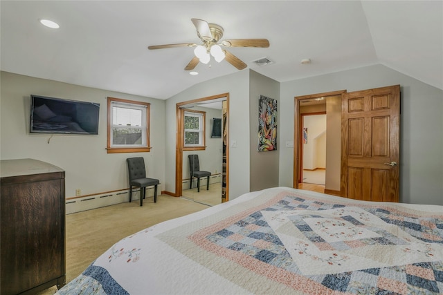 502 S 11th St, New Hyde Park, NY 11040 - carpeted bedroom with baseboard heating, lofted ceiling, recessed lighting, and a ceiling fan