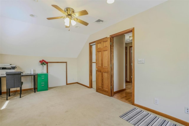 502 S 11th St, New Hyde Park, NY 11040 - additional living space with a ceiling fan, light carpet, lofted ceiling, and a desk