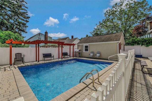 502 S 11th St, New Hyde Park, NY 11040 - view of pool featuring a pergola, an outbuilding, a grill, and a patio area